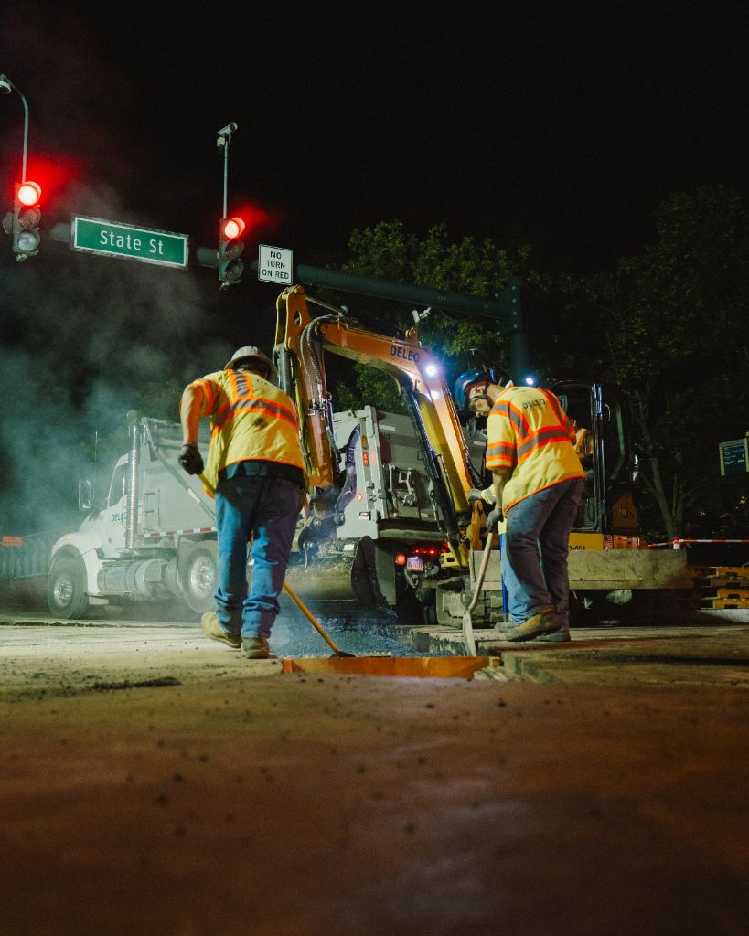 DeLeo crew working State Street night excavation